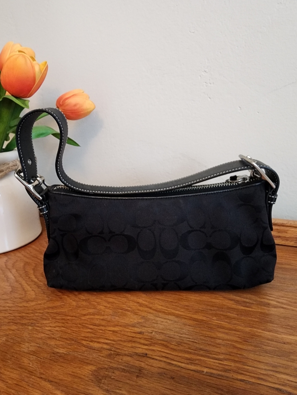 👜VINTAGE COACH Hampton signature jacquard! LIKE NEW! Black, Leather COACH Tag - Picture 4 of 8